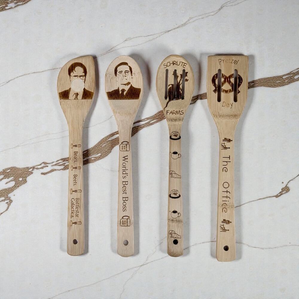 The Office Set 4 Bamboo Wooden Kitchen Cooking Utensils Spoon Spatula Slotted